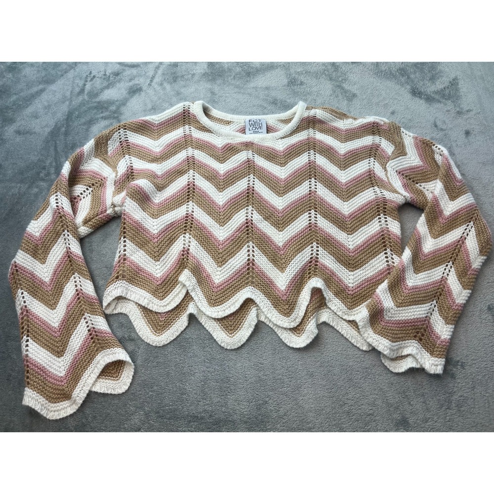 FCT With Love Crochet Crop Chevron Open Knit Boho Sweater Pink Brown Medium